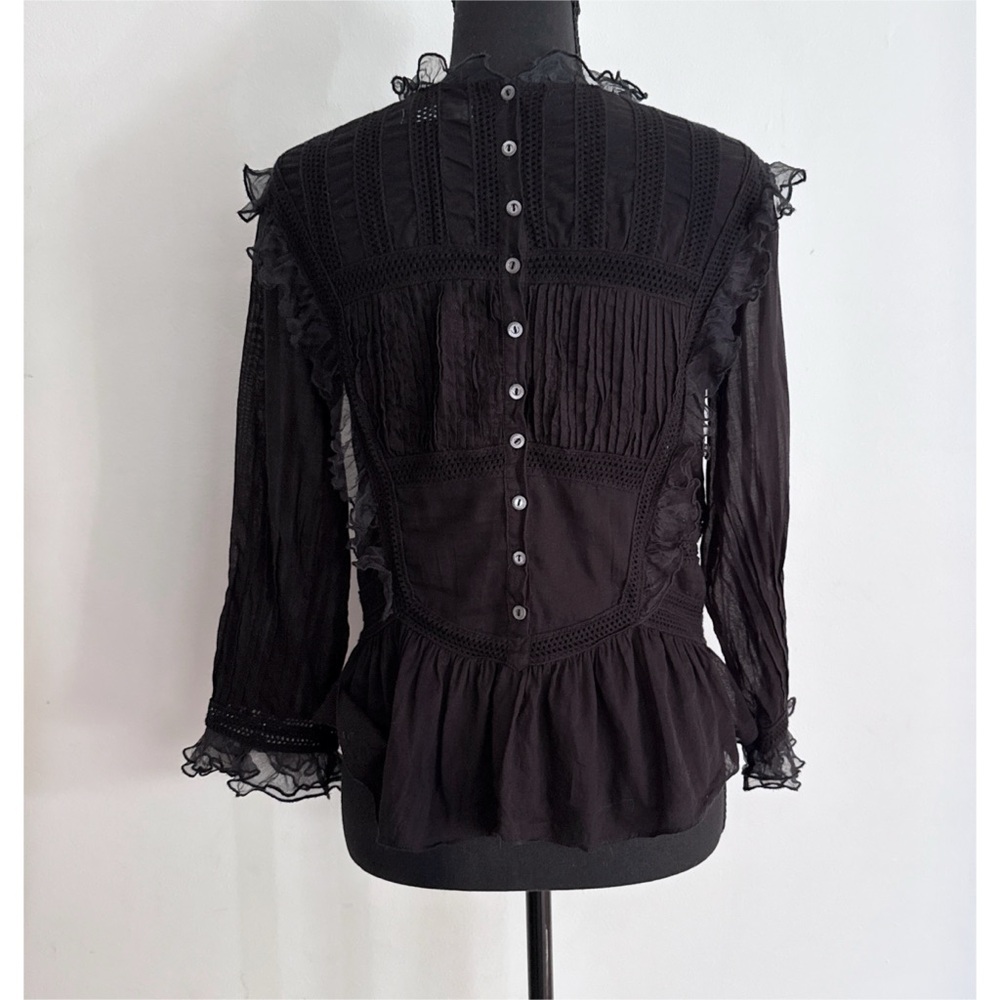 EUC Doen Cassis Pintuck Prairie Victorian Ruffled Button Back Chiffon Blouse XS - Picture 7 of 10